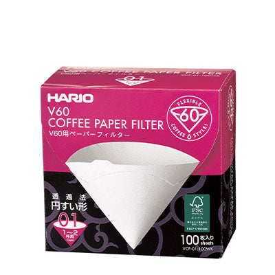 Hario | V60 Paper Filter 01/02 W 100 sheets (Box), Hario - Hazel & Hershey Coffee Roasters V60 Paper Filter Box - 01 (VCF-01-100WK)
